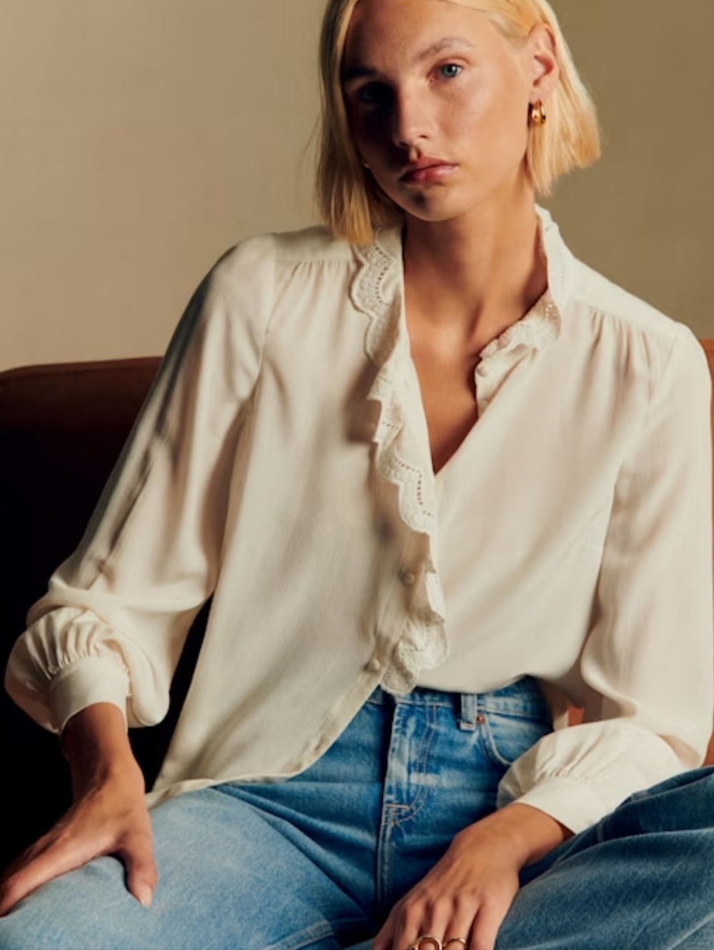 Sezane Chlo Silk Long Sleeve Shirt In Ecru